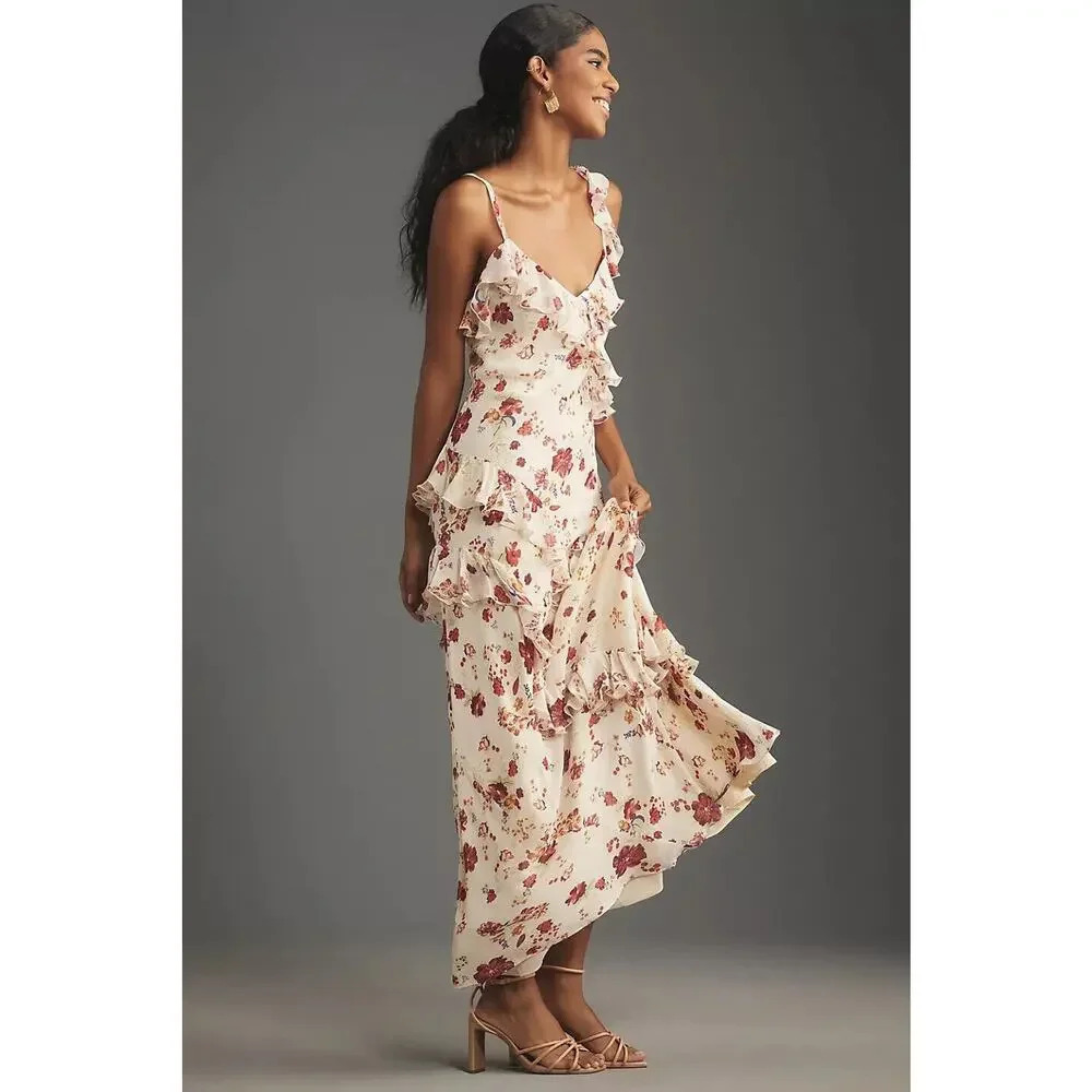 NWD Anthropologie Let Me Be Sleeveless Ruffle Maxi Dress Sz 16P Floral #9E418